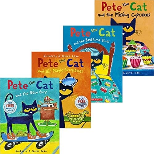 Pete the Cat 4 Book Set (Pete the Cat and the New Guy, Pete the Cat Rocking and His Magic Sunglasses, Pete the Cat and the Bedtime Blues, and Pete the Cat and the Missing Cupcakes)