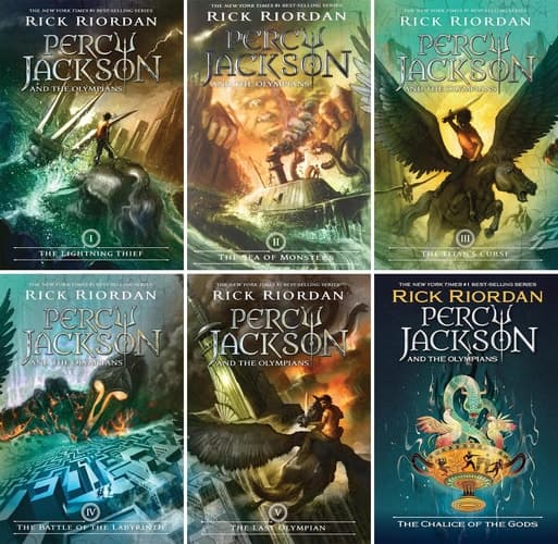 PERCY JACKSON & the OLYMPIANS Series Set of 6 Books. The Lightning Thief, The Sea of Monsters, The Titan's Curse, The Battle of the Labyrinth, The Last Olympian, The Chalice of the Gods.