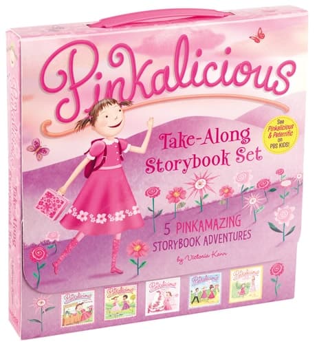 The Pinkalicious Take-Along Storybook Set Tickled Pink, Pinkalicious and the Pink Drink, Flower Girl, Crazy Hair Day, Pinkalicious and the New Teacher